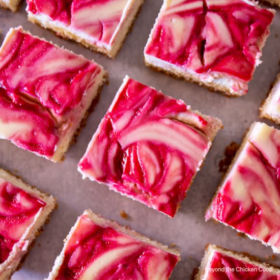 Raspberry Cheesecake Bars - Recipe photo by BeyondtheCoop