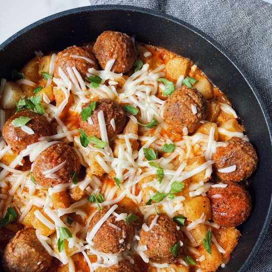 Vegan Gnocchi & Meatball Skillet - Recipe photo by HungryBlonde