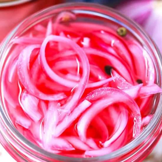 Pickled Red Onions - Recipe photo by peasandpeonies