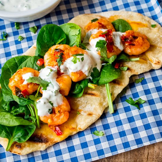 Easy Flatbread + Garlic Chili Prawn - Recipe photo by KitchenSanctuary
