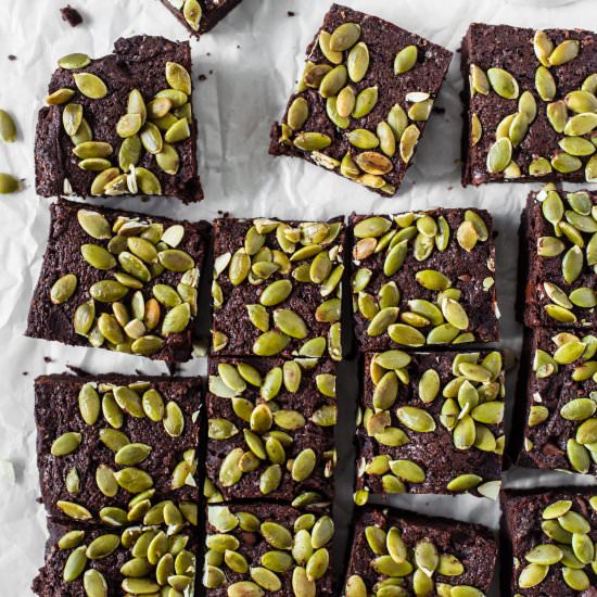 Pumpkin Seed Chocolate Brownies - Recipe photo by Wholesome Patisserie