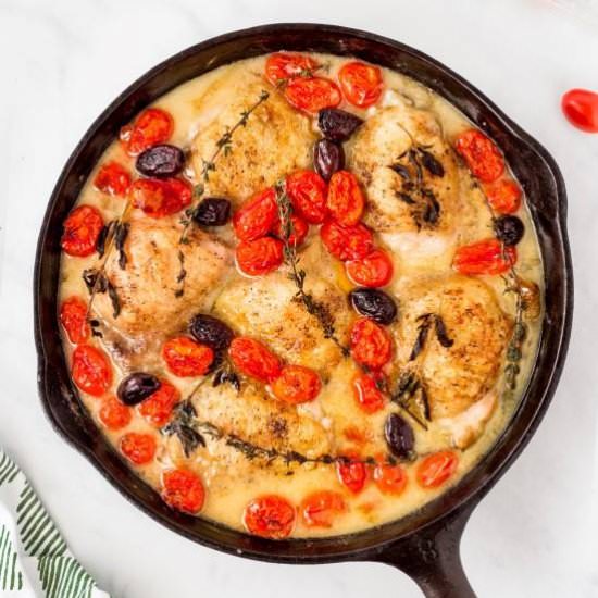 Skillet Chicken w/ Olives Tomatoes - Recipe photo by noshingwiththenolands
