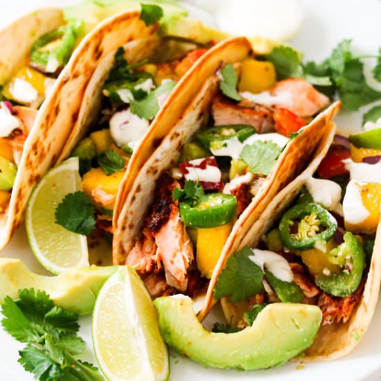 Salmon Tacos with Mango Salsa - Recipe photo by Simshomekitchen