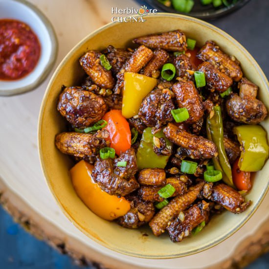 Baby Corn Mushroom Manchurian - Recipe photo by Herbivore Cucina