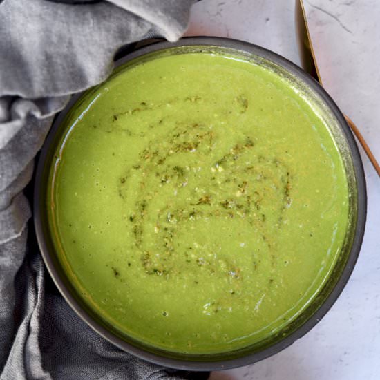Sweet Pea Soup With Pesto - Recipe photo by simmerandsauce