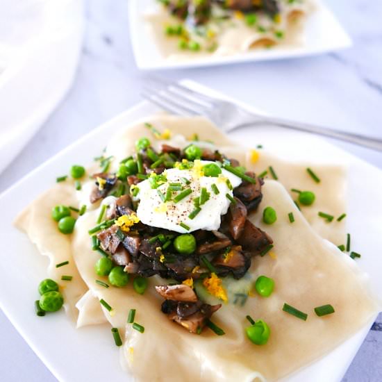 Ricotta-Pea Ravioli with Mushrooms - Recipe photo by gastronotherapy