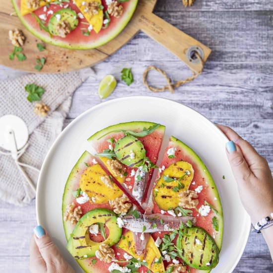 Watermelon pizza with grilled mango - Recipe photo by Secretos Del Sur