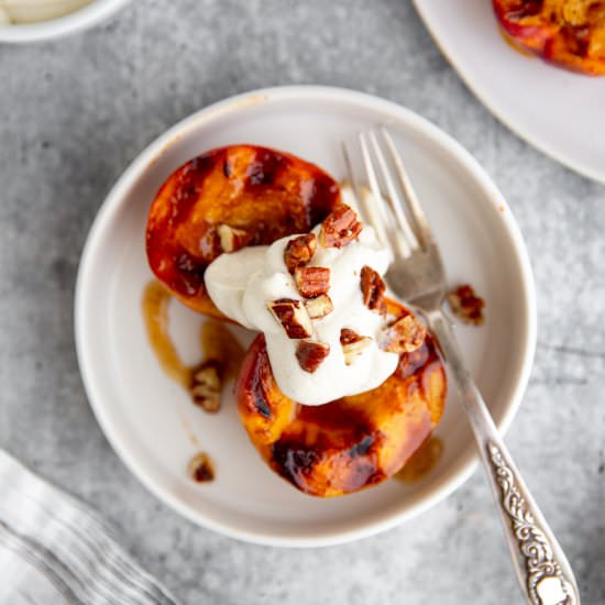 Grilled Peaches with Cardamom Cream - Recipe photo by FromScratchFast