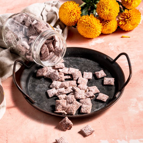 Chocolate PB&J Muddy Buddies - Recipe photo by leisurefanclub