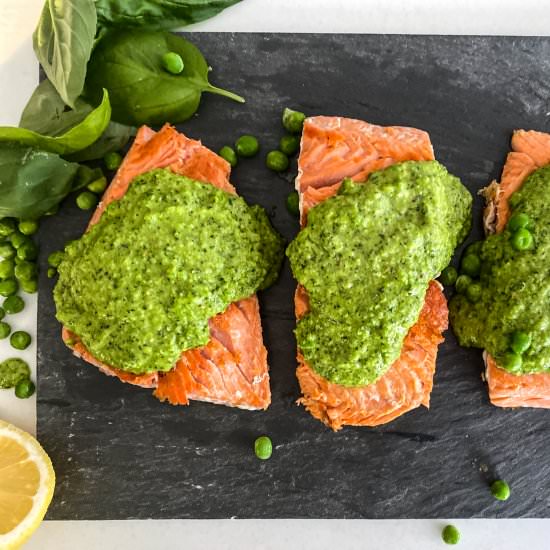 Pan Seared Salmon & Pea Basil Pesto - Recipe photo by Nictastingspoon
