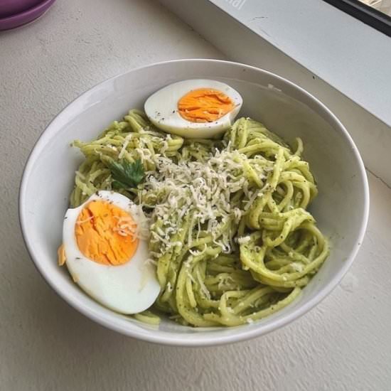 CREAMY AVOCADO BREAKFAST PASTA - Recipe photo by butfirstchai