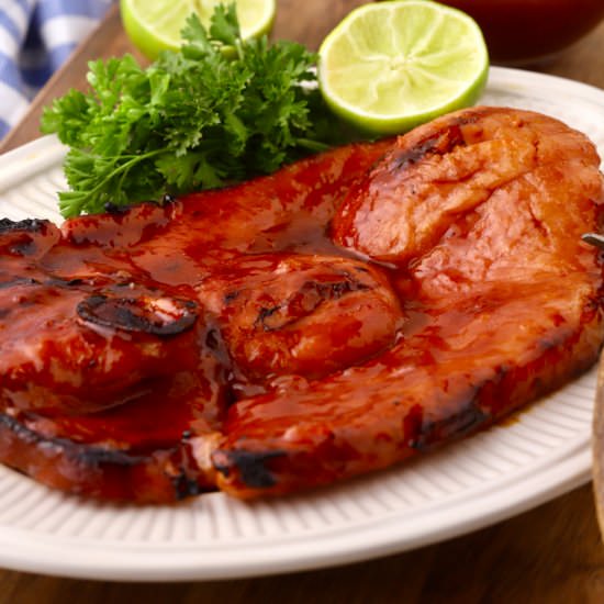 Grilled Ham Steak and Apricot Glaze - Recipe photo by Grits and Pinecones