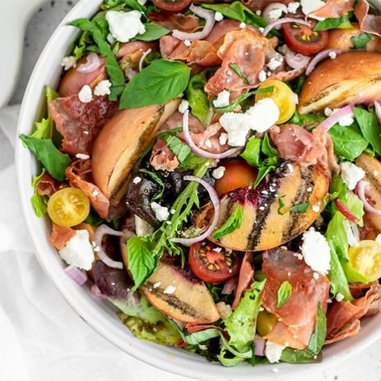 Grilled Peach and Crispy Prosciutto - Recipe photo by FoodborneWellness