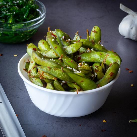 Spicy Garlic Edamame - Recipe photo by Ourplantbasedworld