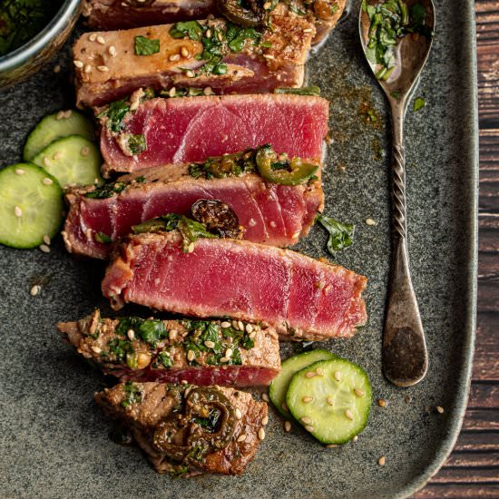 Seared ahi tuna with chili basil - Recipe photo by cherryonmysundae