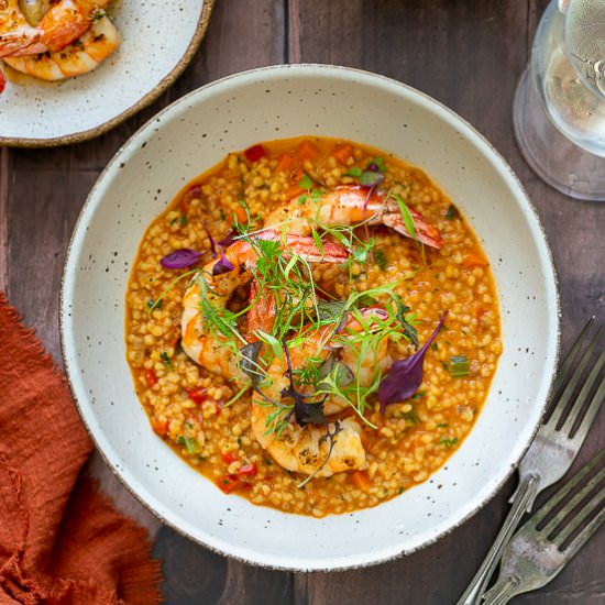 Fregola Sarda with Garlic Prawns - Recipe photo by between2kitchens