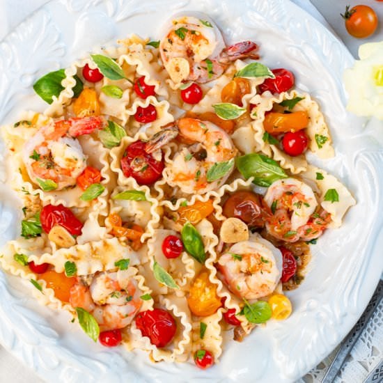Burst tomatoes w pasta & shrimp - Recipe photo by a zest for life