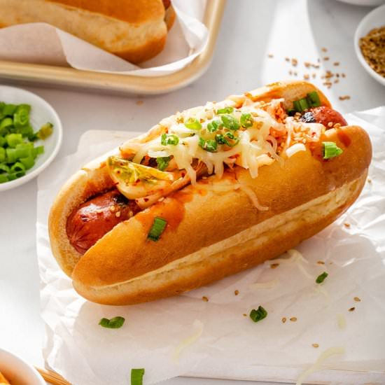 Korean Kimchi Cheese Dogs - Recipe photo by takestwoeggs