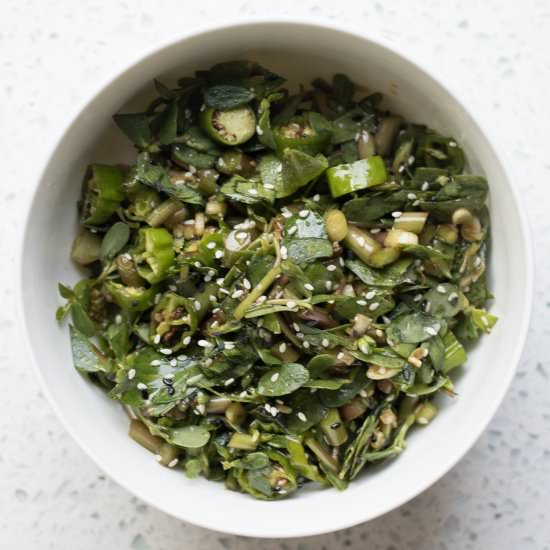 Purslane Shishito Salad - Recipe photo by LifesLittleSweets