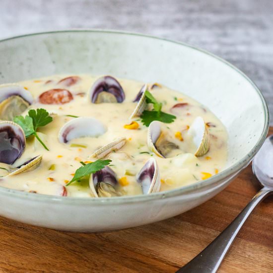 CLAM, CHORIZO, CORN CHOWDER - Recipe photo by ATastyKitchen