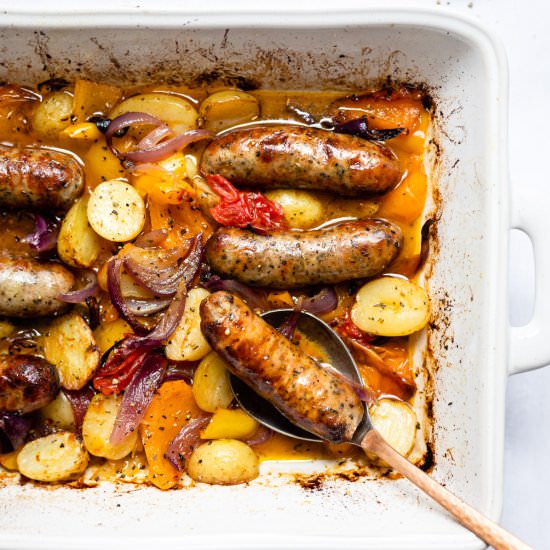 Simple Sausage Traybake - Recipe photo by Salted Mint