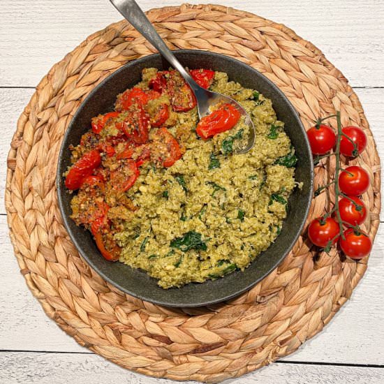 Pesto Quinoa with Italian Tomatoes - Recipe photo by Happy Honey Kitchen