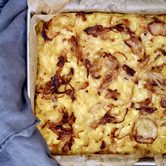 Caramelized Onion Kugel - Recipe photo by simmerandsauce