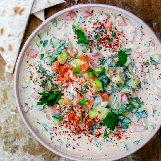 Cucumber Tomato Tahini Salad - Recipe photo by The Mediterranean Dish