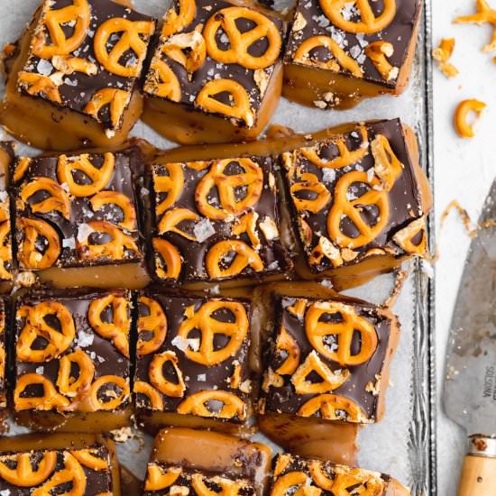 Chocolate caramel pretzel bars - Recipe photo by addictedtodates