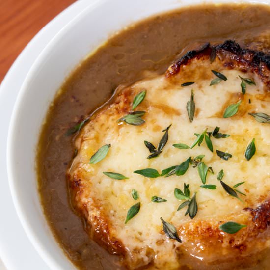French Onion Soup with Roasted Pobl - Recipe photo by For the Love of Cooking