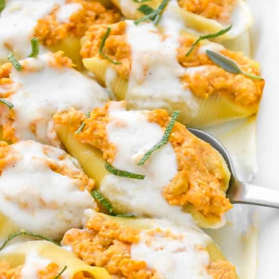 Turkey and Pumpkin Stuffed Shells - Recipe photo by Herbs and Flour