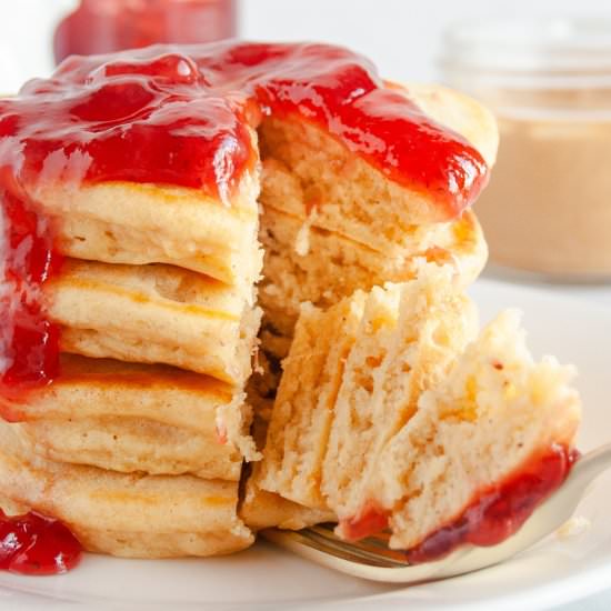 Peanut Butter & Jelly Pancakes - Recipe photo by thedarlingapron