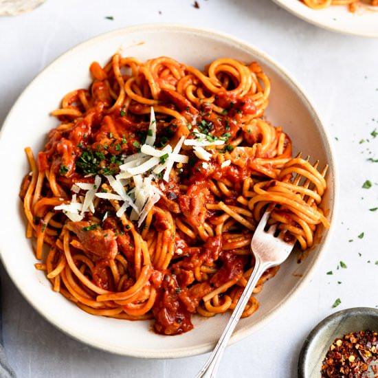 Quick And Easy Pasta Amatriciana - Recipe photo by Salted Mint