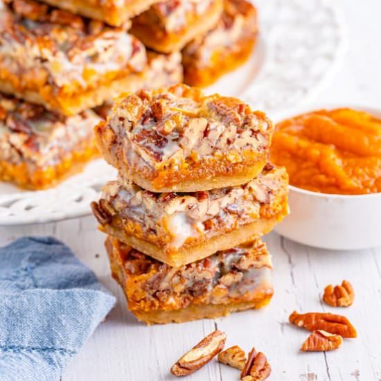 Pecan Magic Pumpkin Bars - Recipe photo by noshingwiththenolands