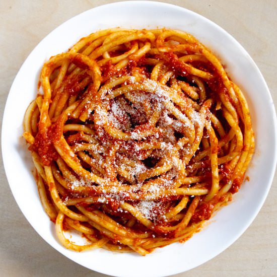 Bucatini with Butter Anchovy Tomato - Recipe photo by TheFrayedApron