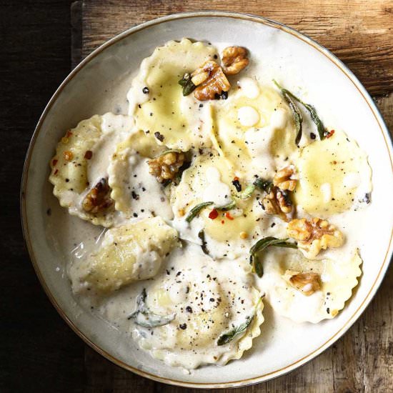 Ravioli in Creamy Parmesan Sauce - Recipe photo by servingdumplings