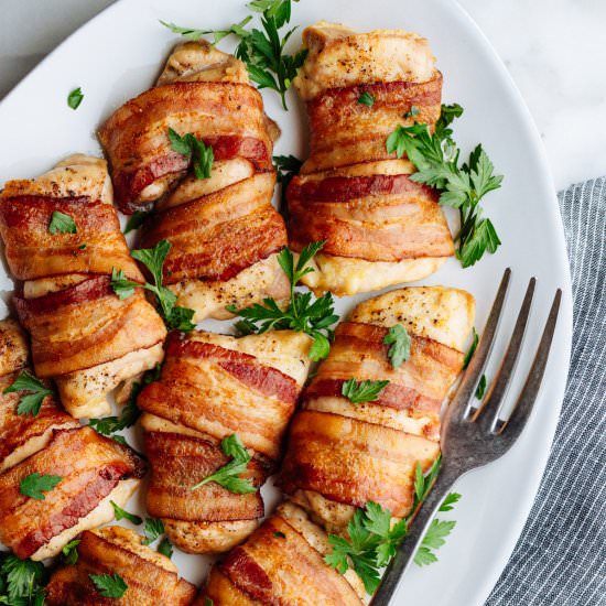 Bacon Wrapped Chicken Thighs - Recipe photo by PinchandSwirl