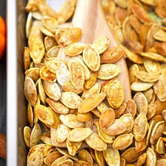 Roasted Pumpkin Seeds - Recipe photo by peasandpeonies