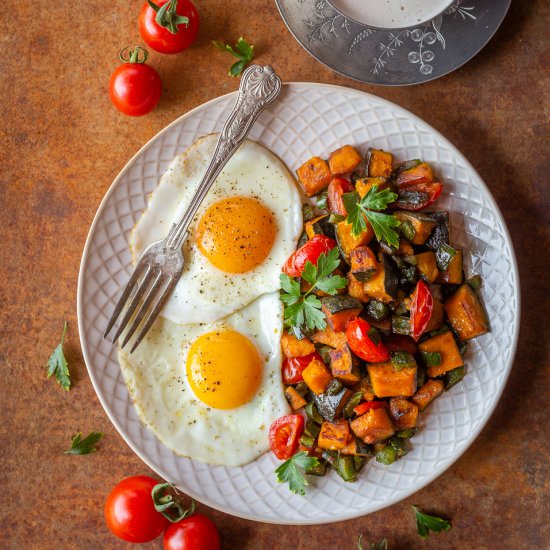 Fried Eggs & Kabocha Poblano Hash - Recipe photo by primalwellnesscoach