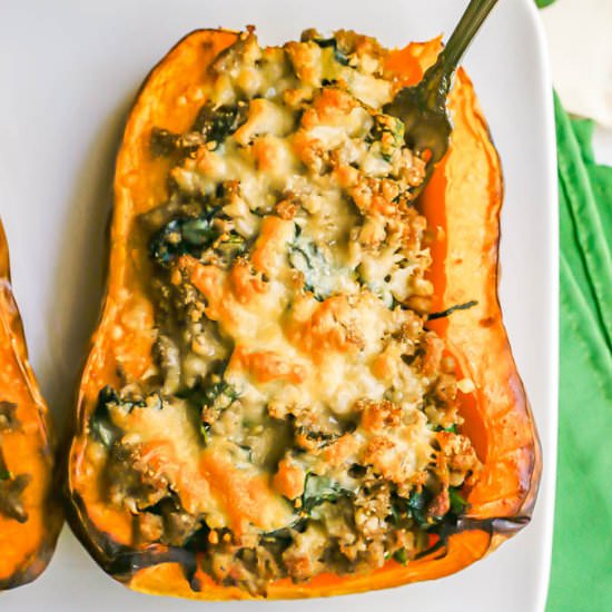 Sausage stuffed butternut squash - Recipe photo by Family Food on the Table