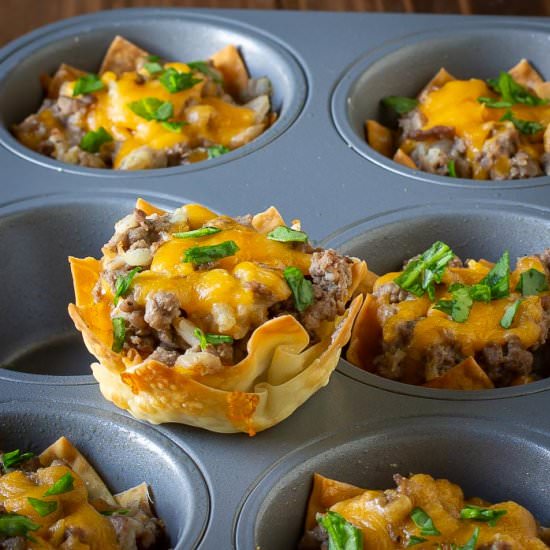Wonton Cheeseburger Cups - Recipe photo by dizzybusyandhungry