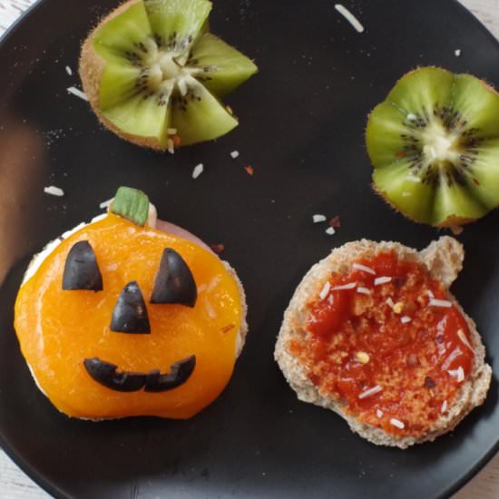 Halloween Breakfast Pizza Sandwich - Recipe photo by Food Meanderings