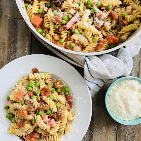 Bacon and Tomato Pasta with Peas - Recipe photo by amycaseycooks