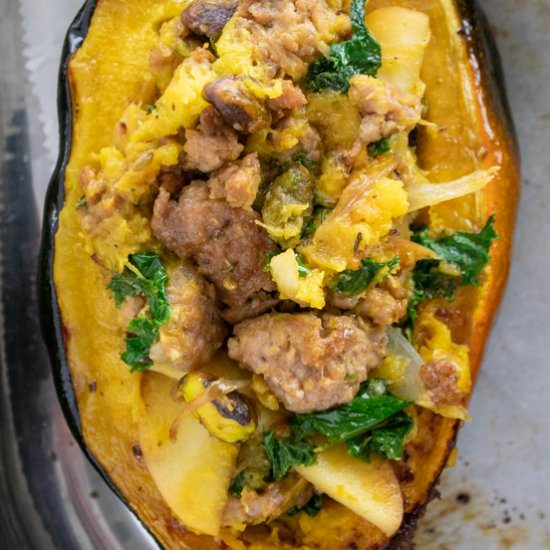 sausage stuffed acorn squash - Recipe photo by The Frizzled Leek
