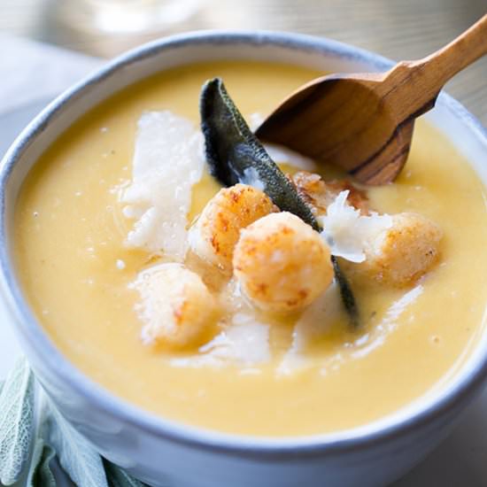 Acorn Squash Bisque + Scallops - Recipe photo by sipandsanity