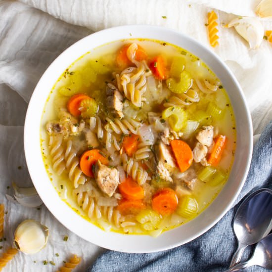 Easy AIP Chicken Noodle Soup - Recipe photo by HurriedHealthNut