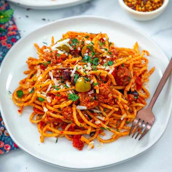 Pasta Puttanesca with Sausage - Recipe photo by Wearenotmartha