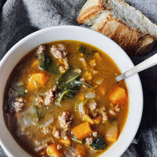 Sausage, Sweet Potato & Kale Soup - Recipe photo by HungryBlonde