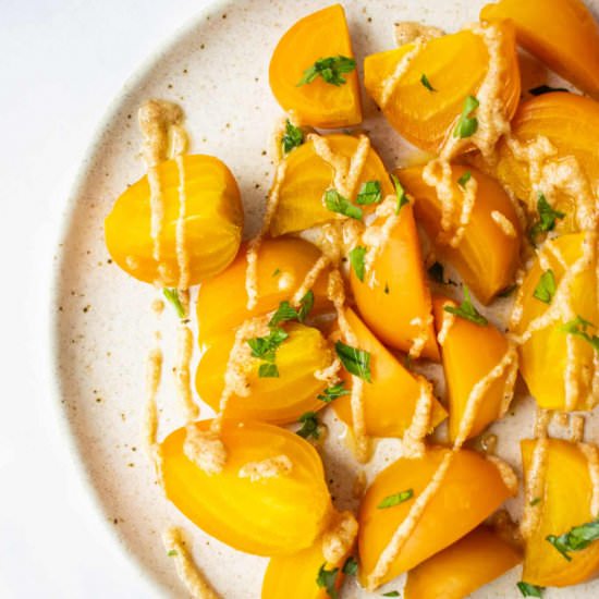 golden beets in lemon garlic sauce - Recipe photo by healmedelicious