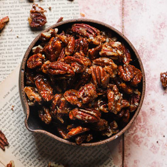 Candied pecans on stovetop - Recipe photo by OneSarcasticBaker